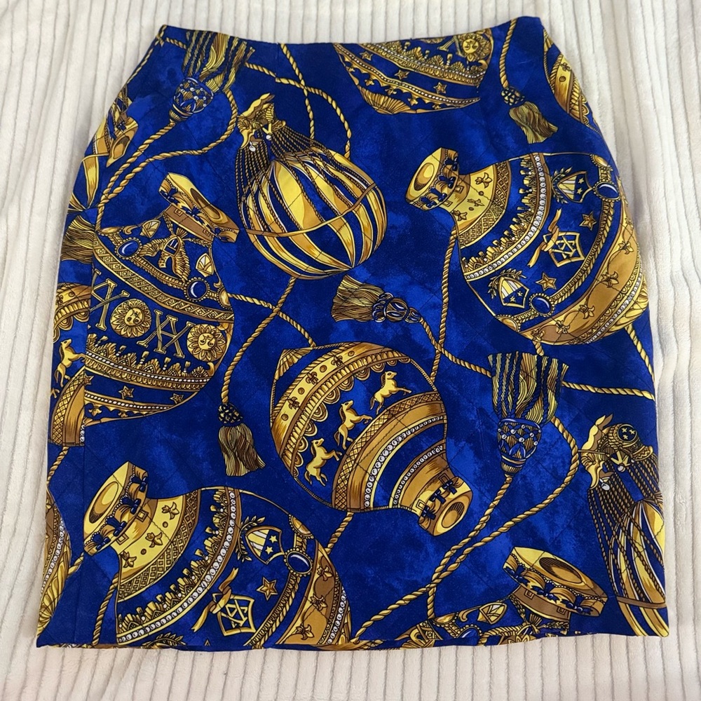 Vintage 90s rare Adrienne Vittadini quilted blue gold baroque pattern skirt